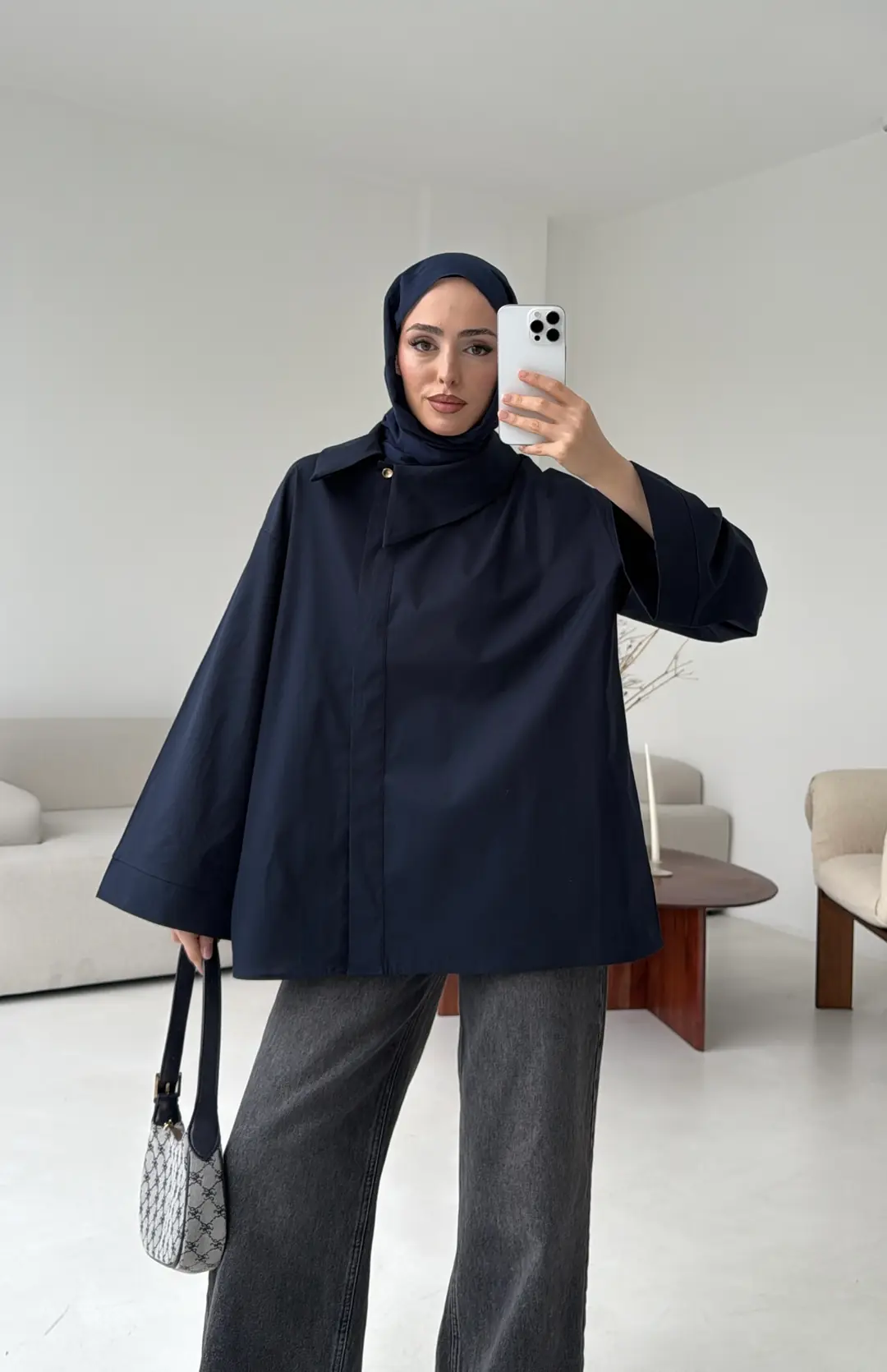 Asimetrik Yaka Oversize Gömlek Lacivert - Görsel 8