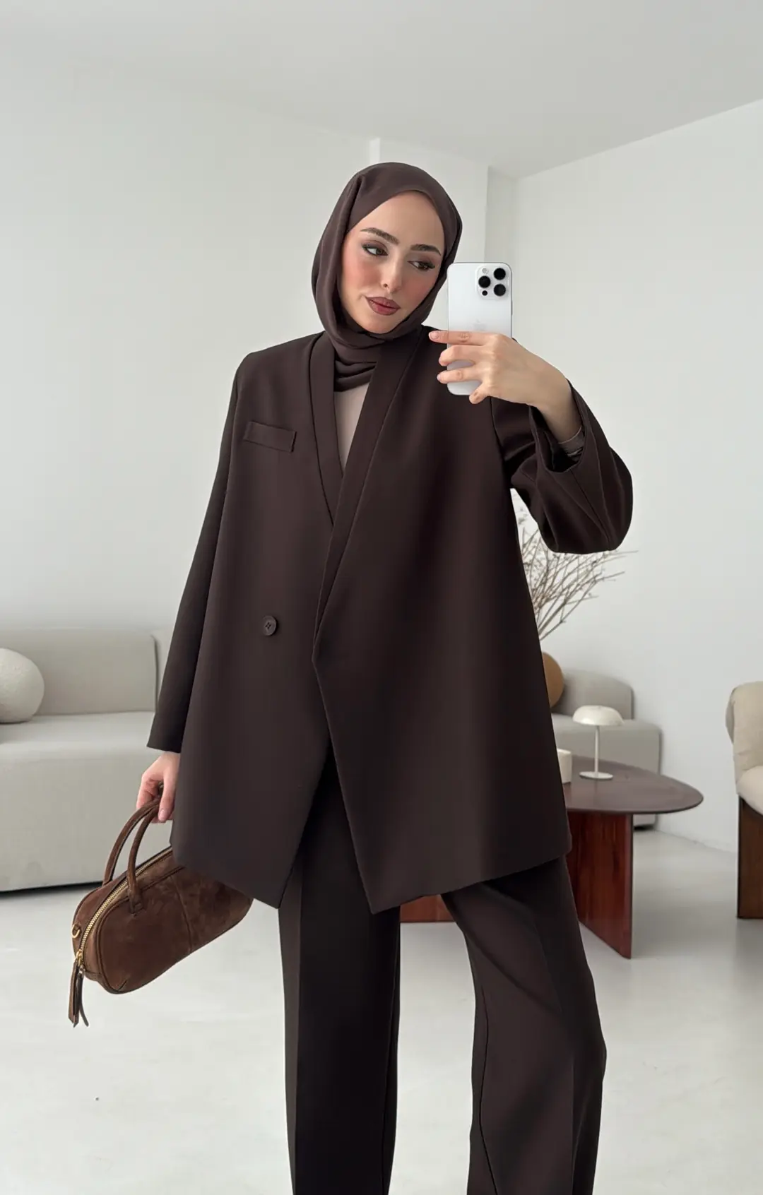 Bağlamalı Ceket Pantolon Takım Kahve - Görsel 3