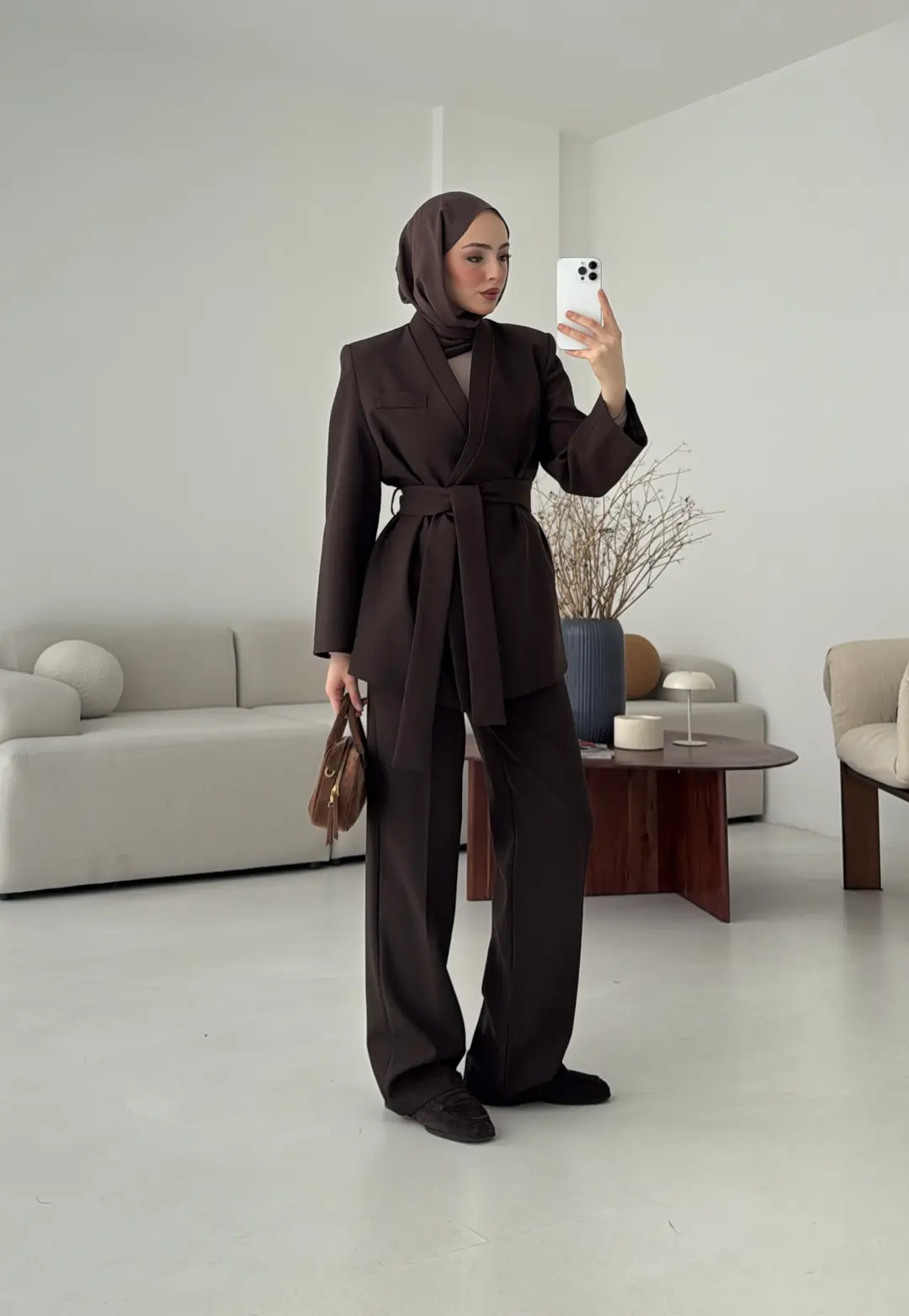 Bağlamalı Ceket Pantolon Takım Kahve - Görsel 9