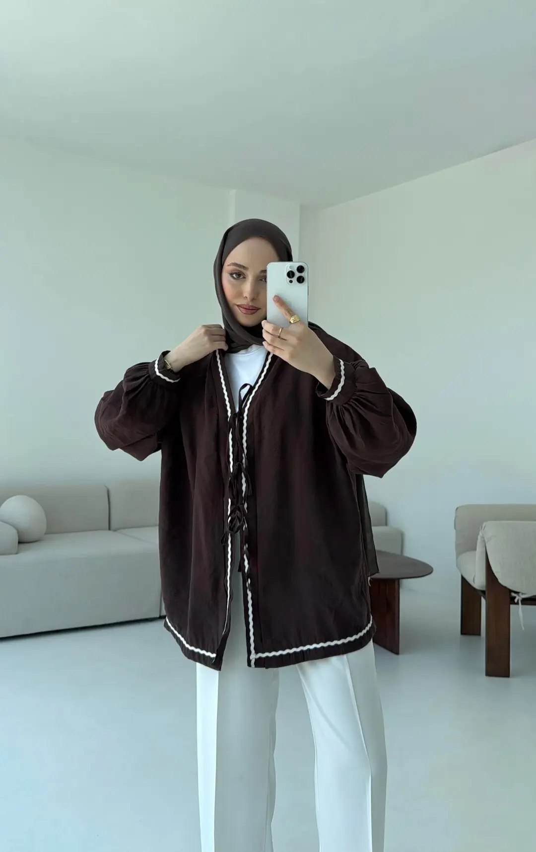 Bağlamalı Dantel Detay Kimono Kahve - Görsel 5
