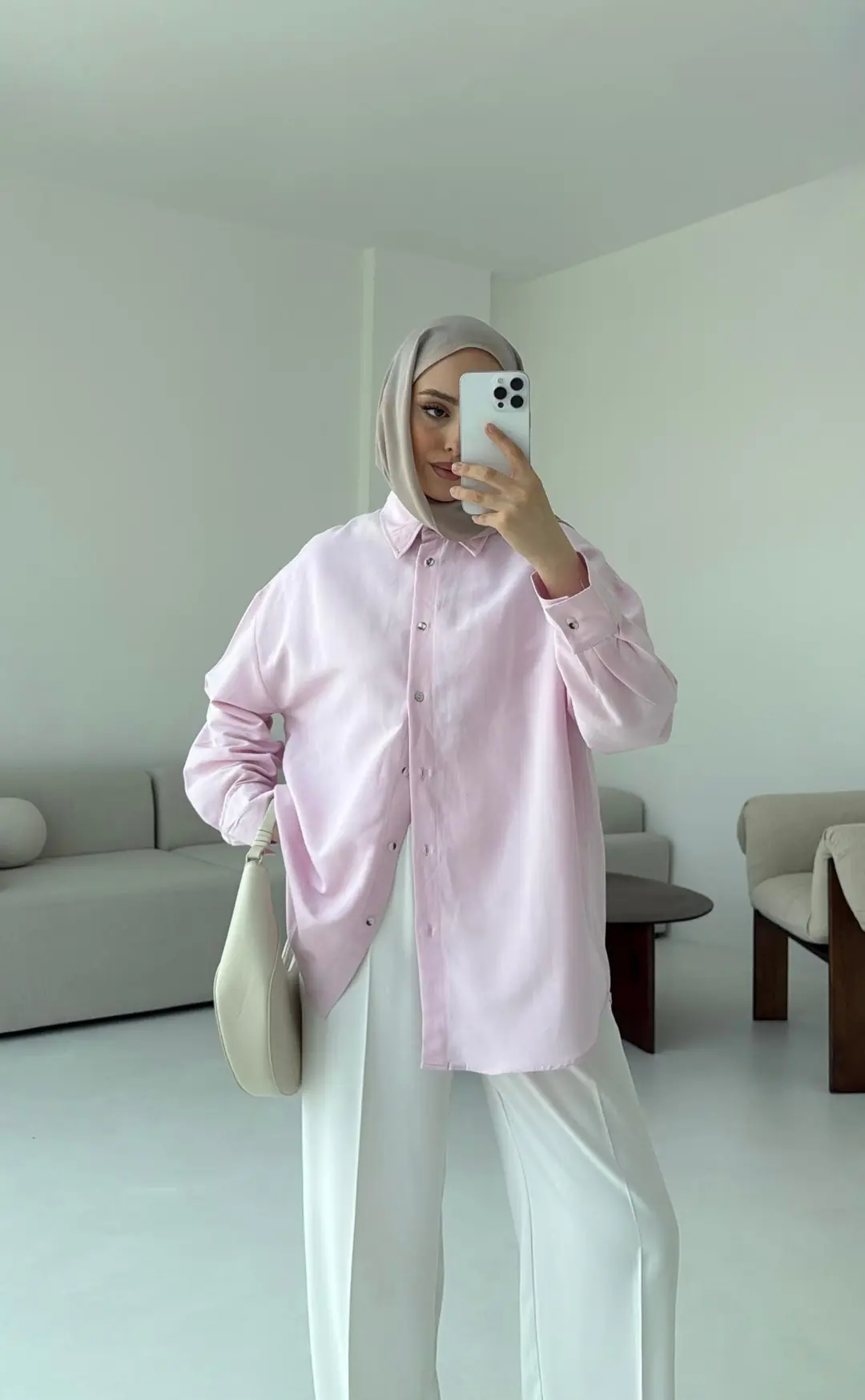 Basic Oversize  Keten Gömlek Pembe - Görsel 2