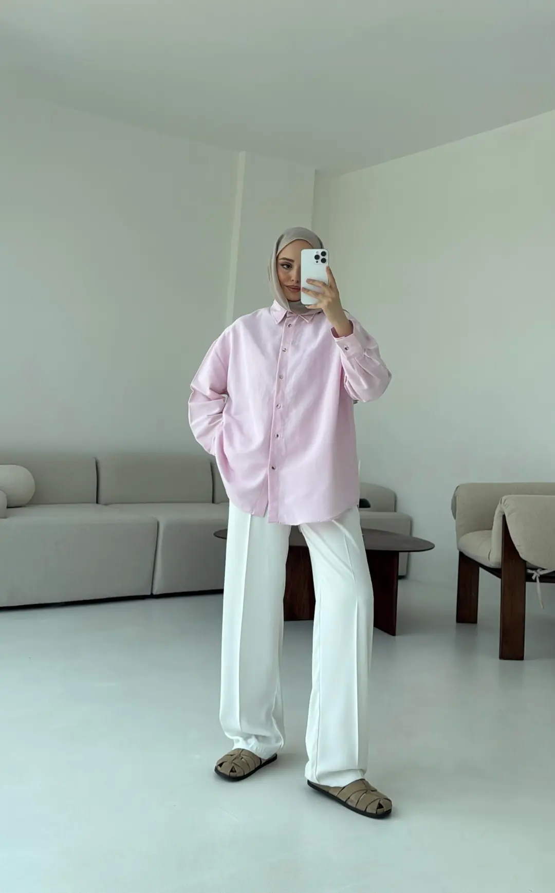 Basic Oversize  Keten Gömlek Pembe - Görsel 4