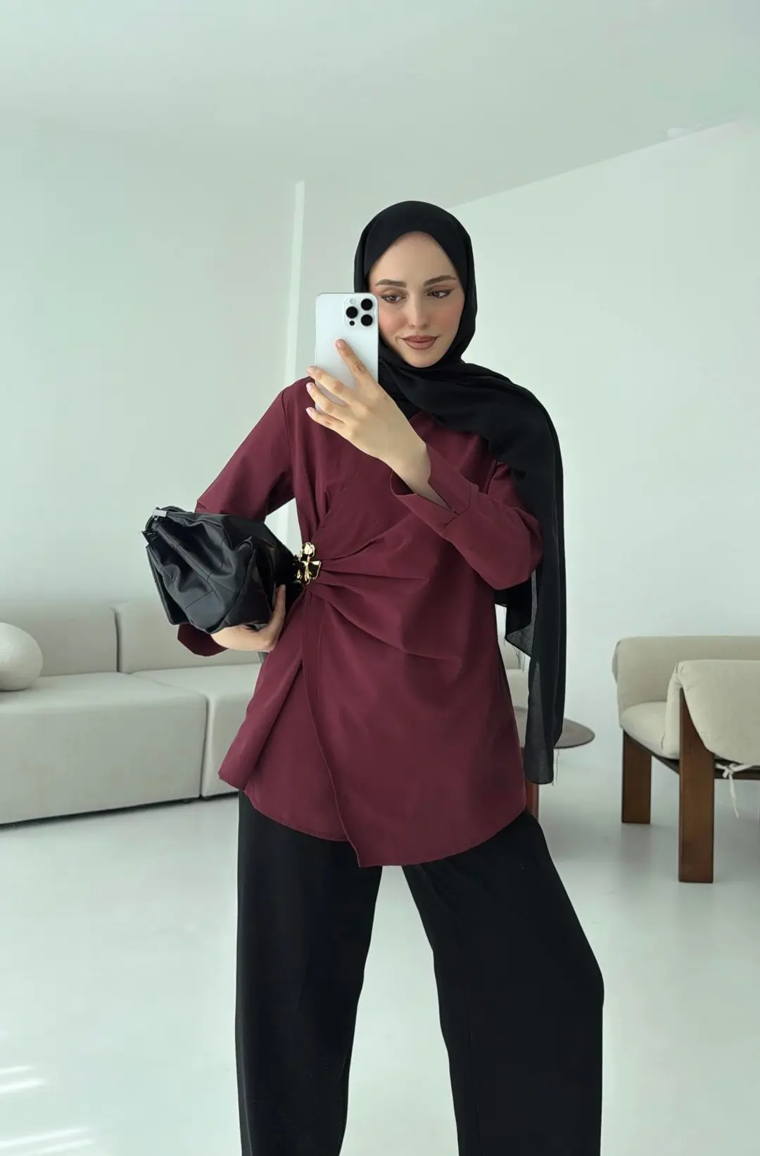 Broş Detaylı Tasarım Gömlek Bordo - Görsel 4