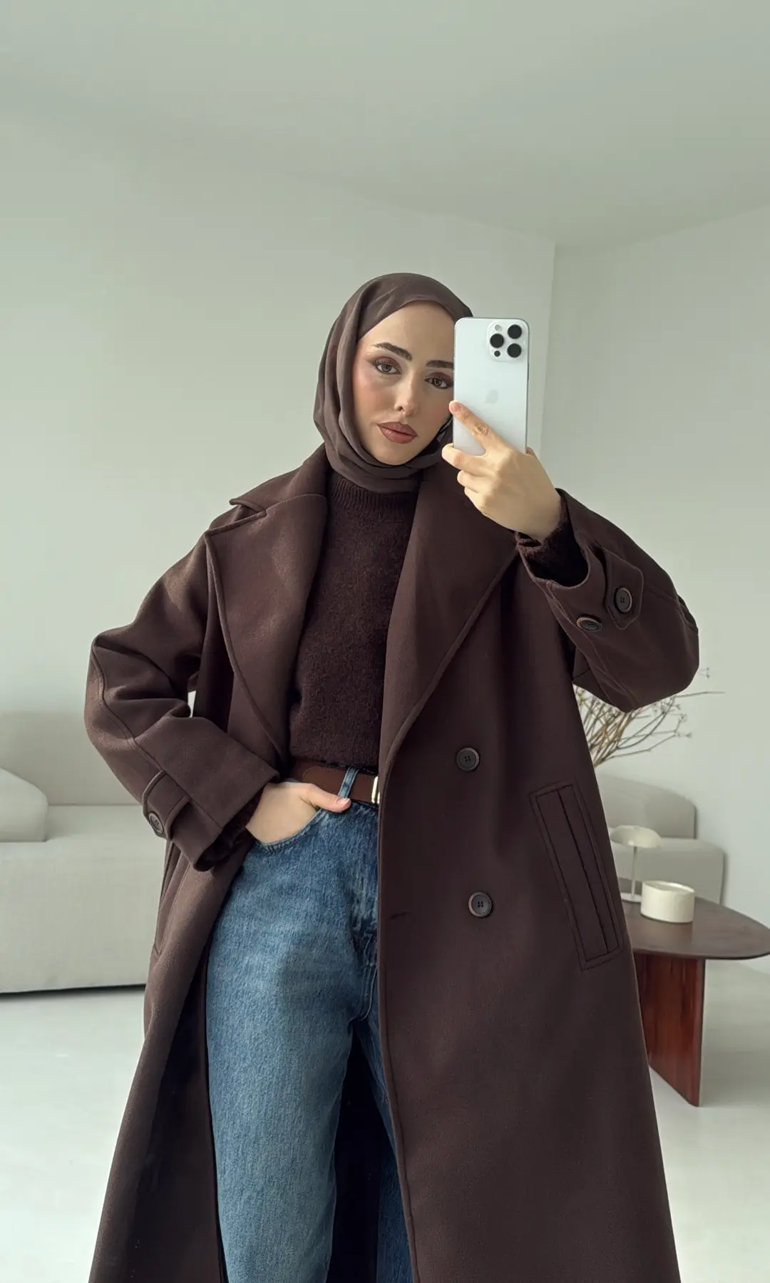 Çift Düğmeli Uzun Kaban Kahve - Görsel 3