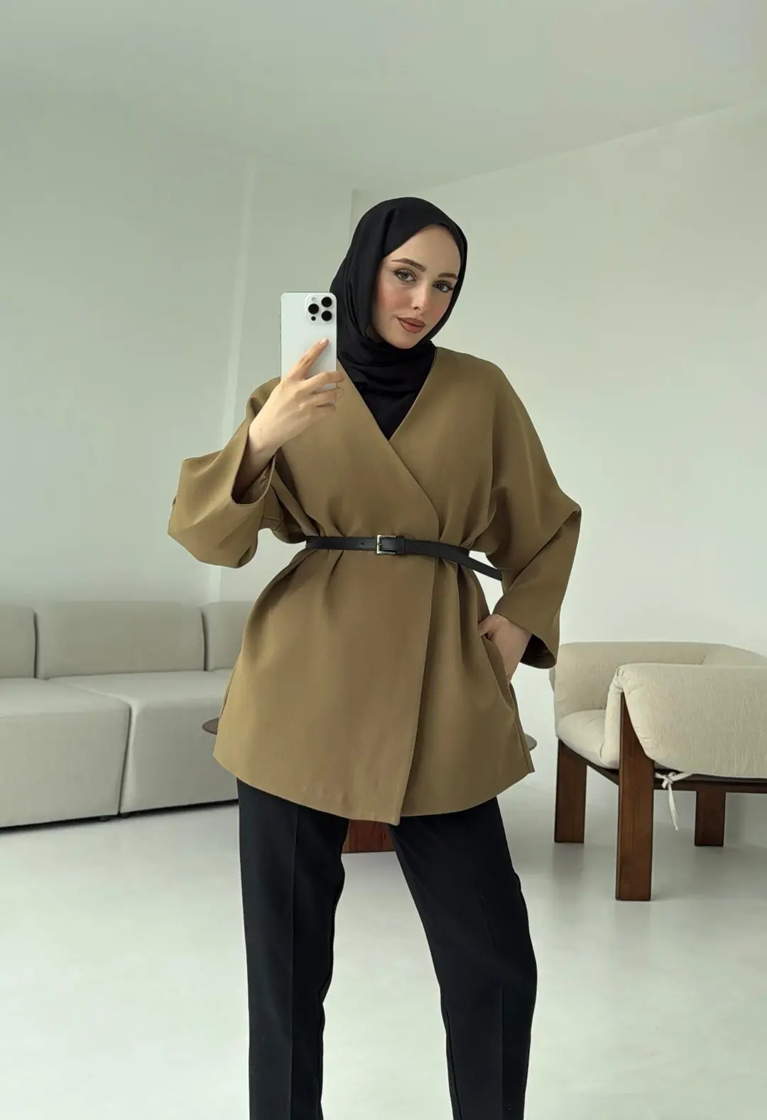 Deri Kemer Detay Oversize Ceket Olive - Görsel 4