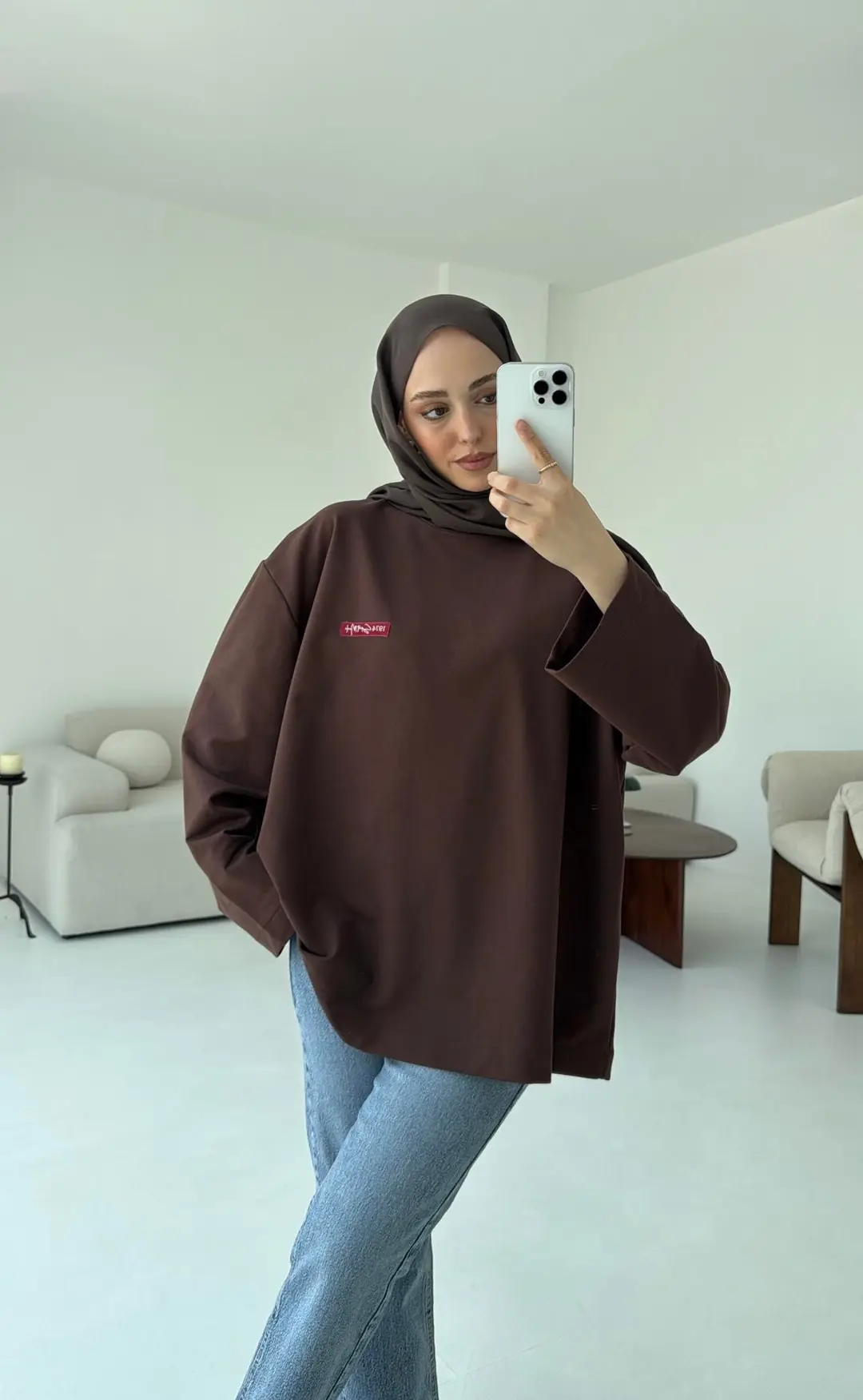 Etiket Baskılı  Sweatshirt Kahve - Görsel 5