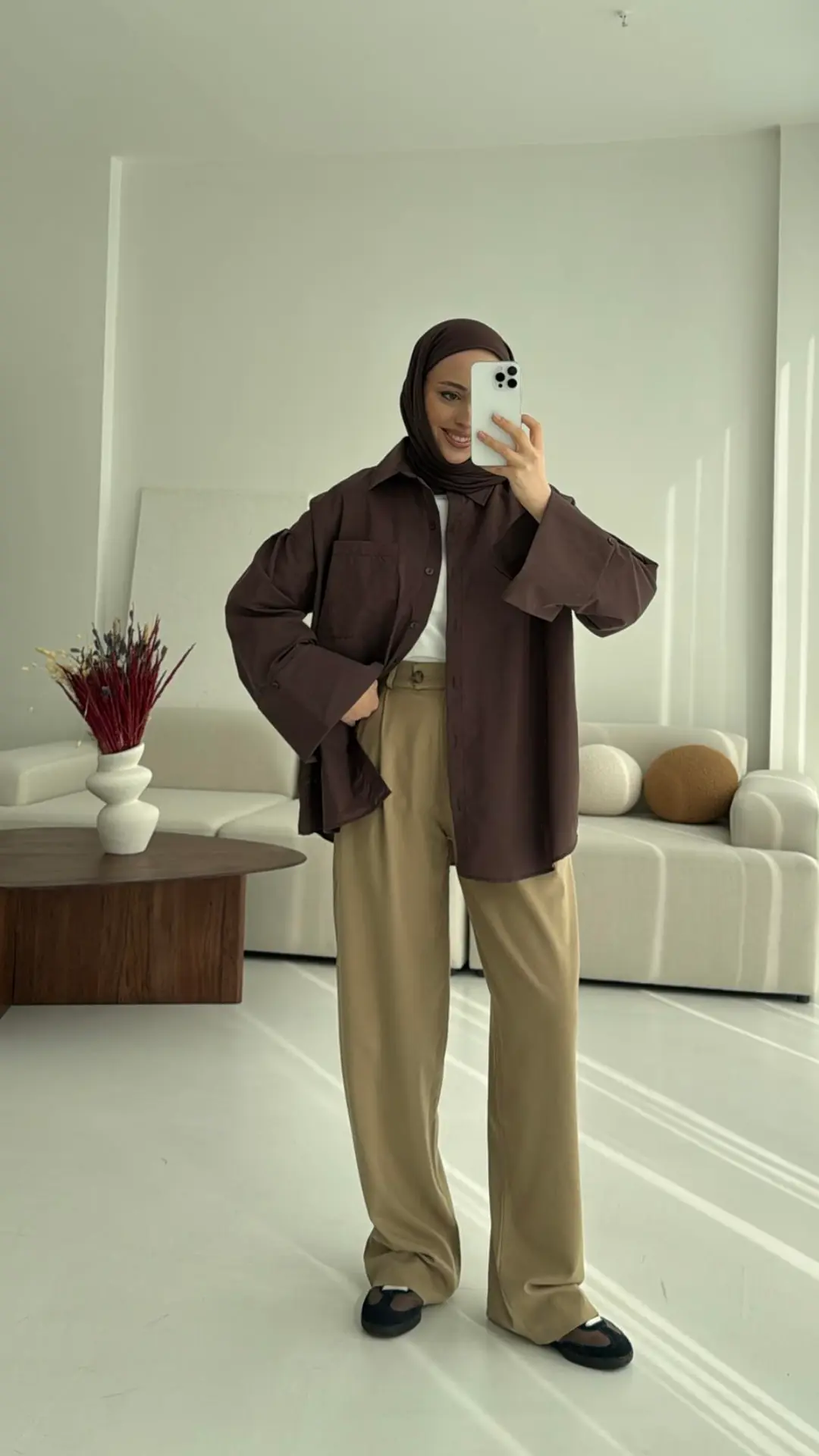 Kalın Manşetli Oversize Kahve Gömlek - Görsel 6