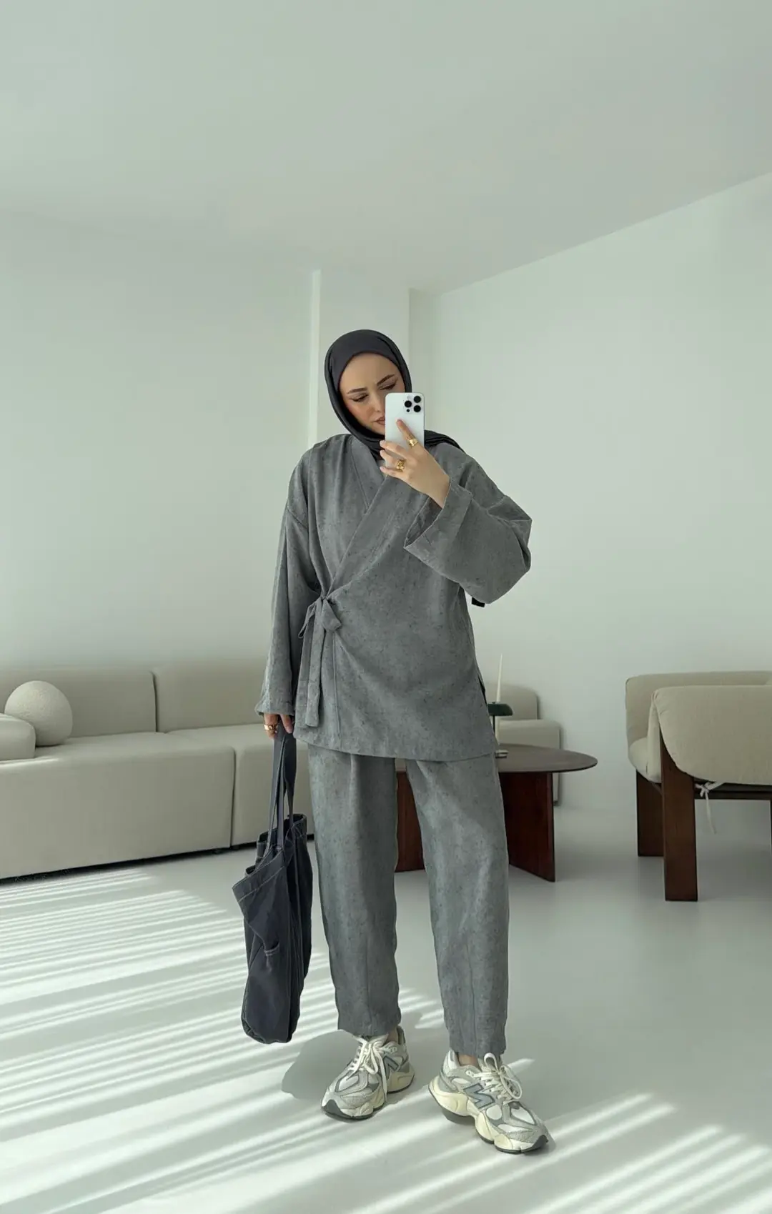 Keten Batik Bambu Kimono Gri - Görsel 2