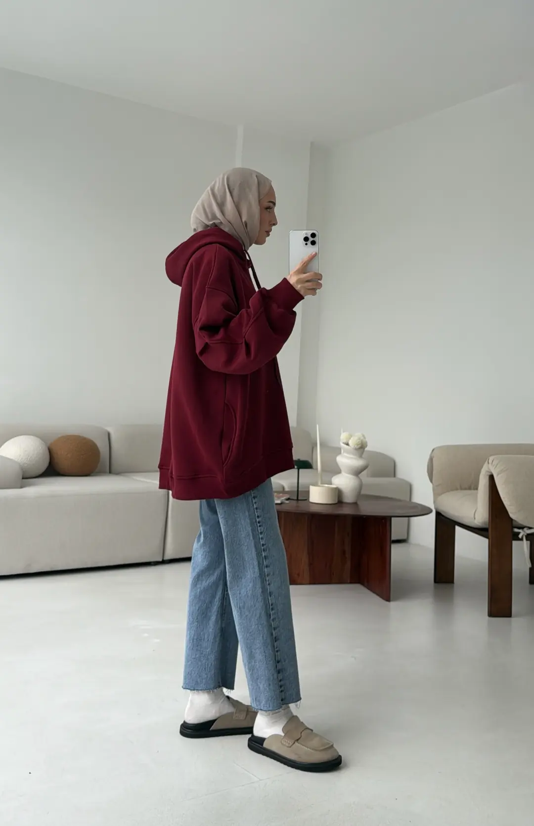 Kolu Pile Detay Oversize Sweatshirt Bordo - Görsel 4
