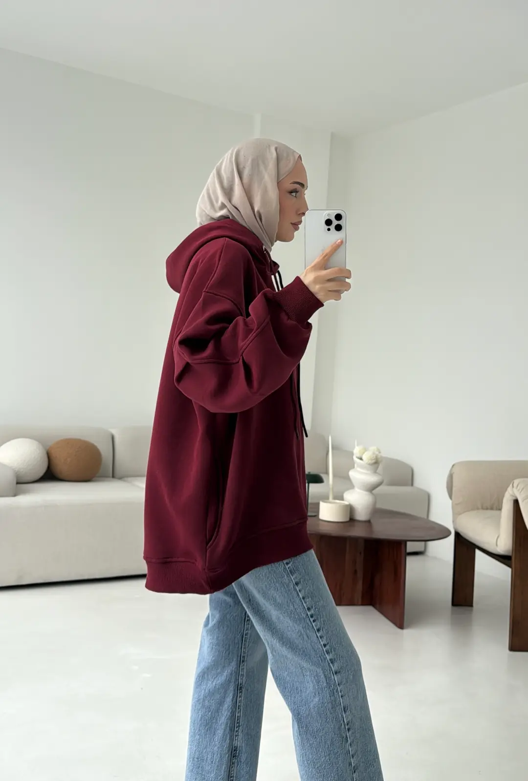Kolu Pile Detay Oversize Sweatshirt Bordo - Görsel 6
