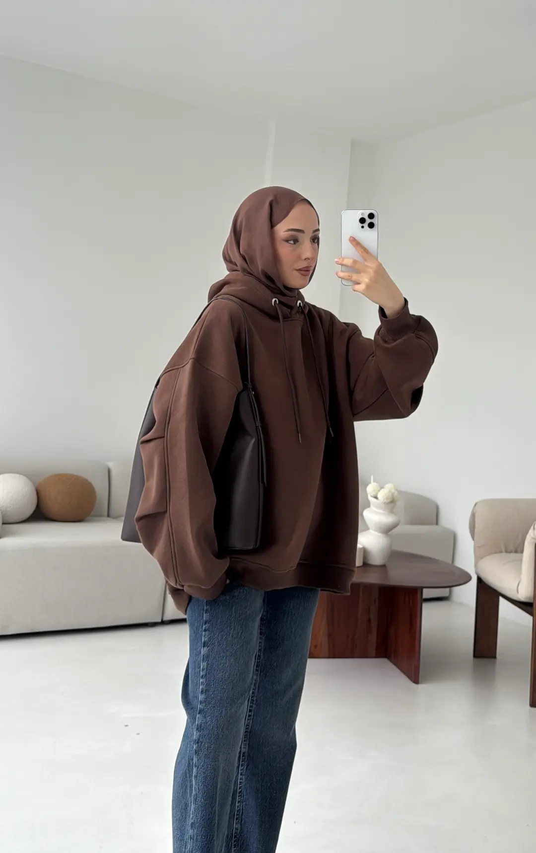 Kolu Pile Detay Oversize Sweatshirt Kahve - Görsel 10