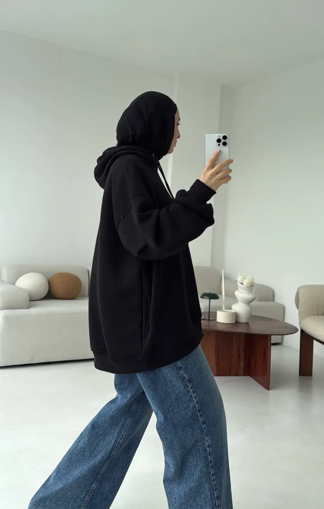Kolu Pile Detay Oversize Sweatshirt Siyah - Görsel 4
