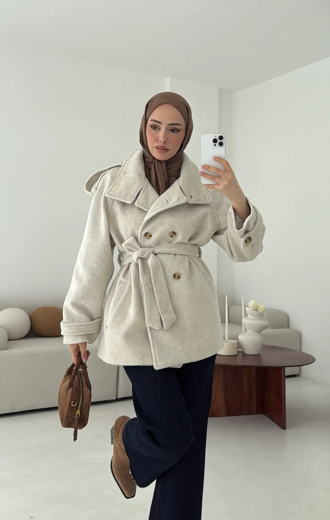 Kuşaklı Oversize Kaşe Kaban Taş - Görsel 4