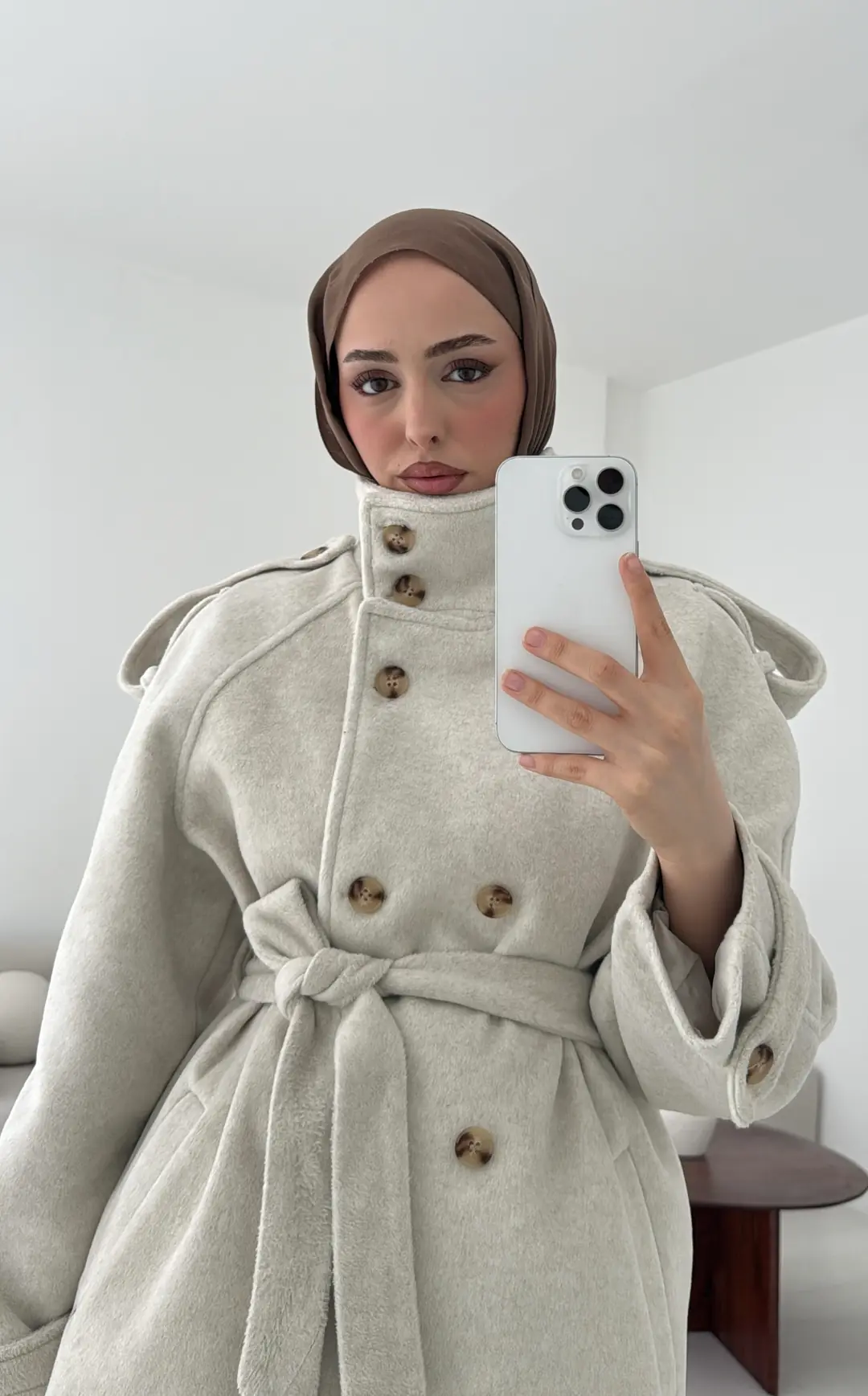 Kuşaklı Oversize Kaşe Kaban Bej - Görsel 3