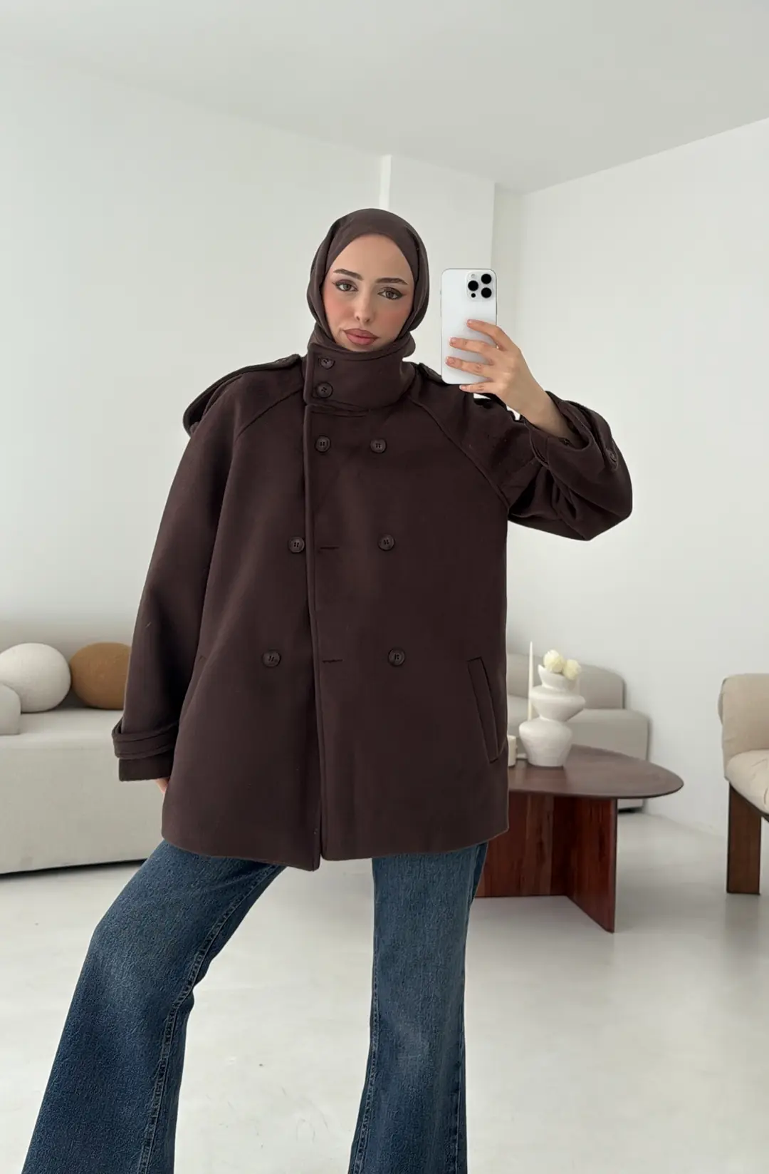 Kuşaklı Oversize Kaşe Kaban Kahve - Görsel 8
