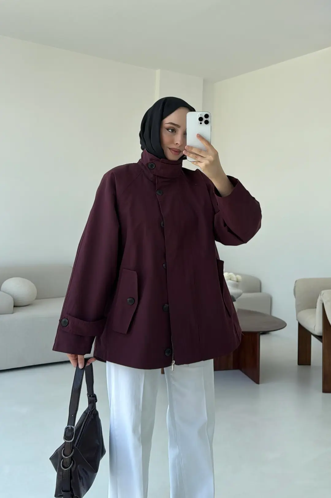 Minimal Yakalı Trençkot Bordo - Görsel 2