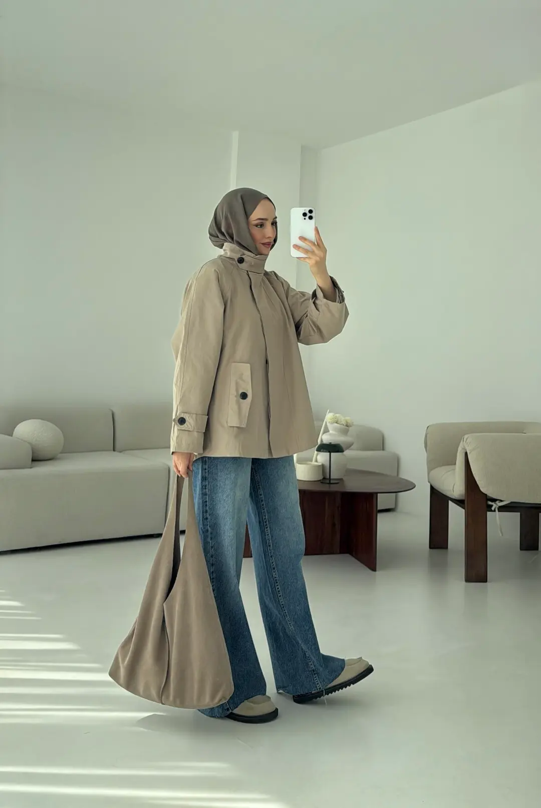 Minimal Yakalı Trençkot Vizon - Görsel 7