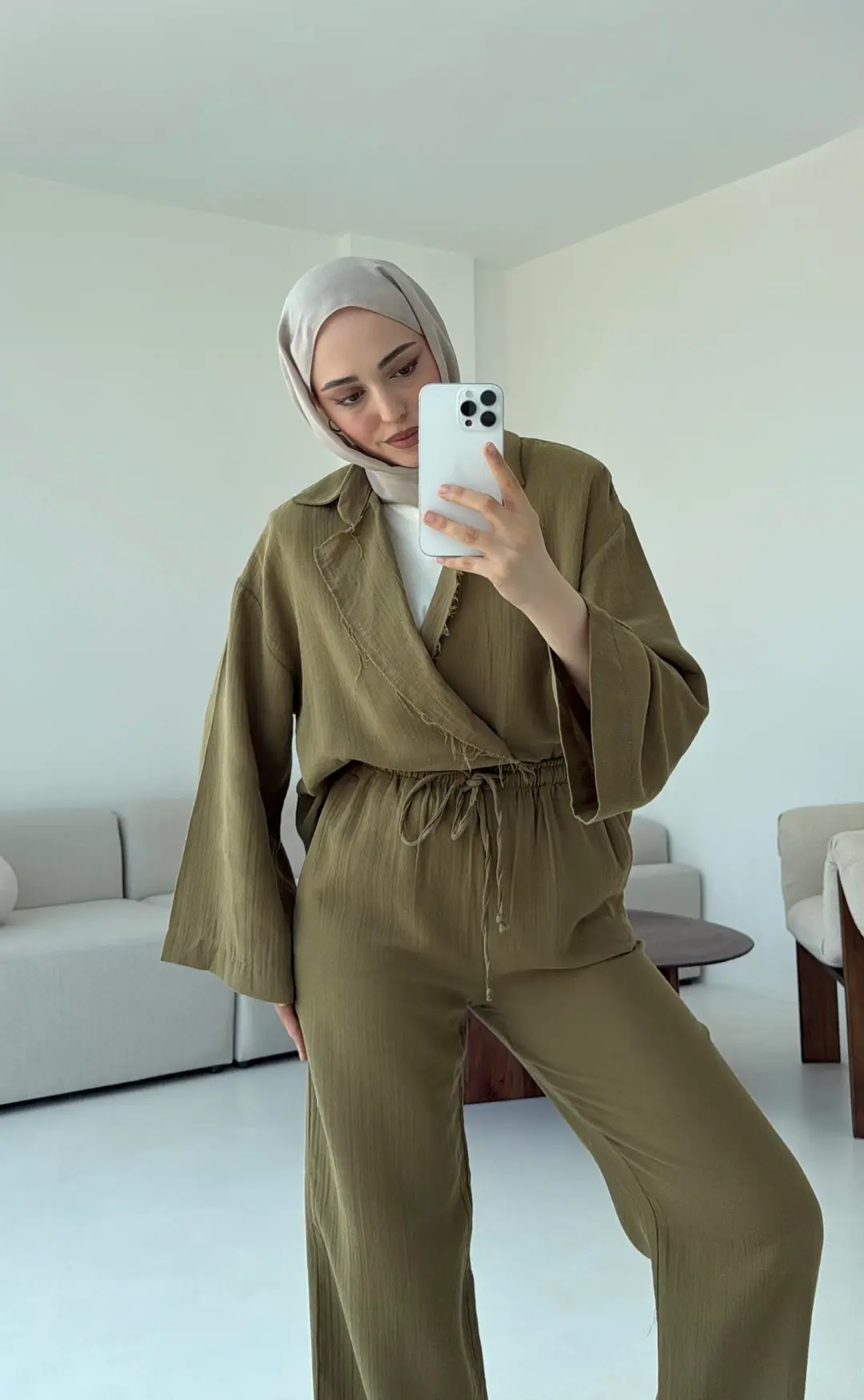 Müslin Düğmeli Kimono Takım Yeşil - Görsel 7