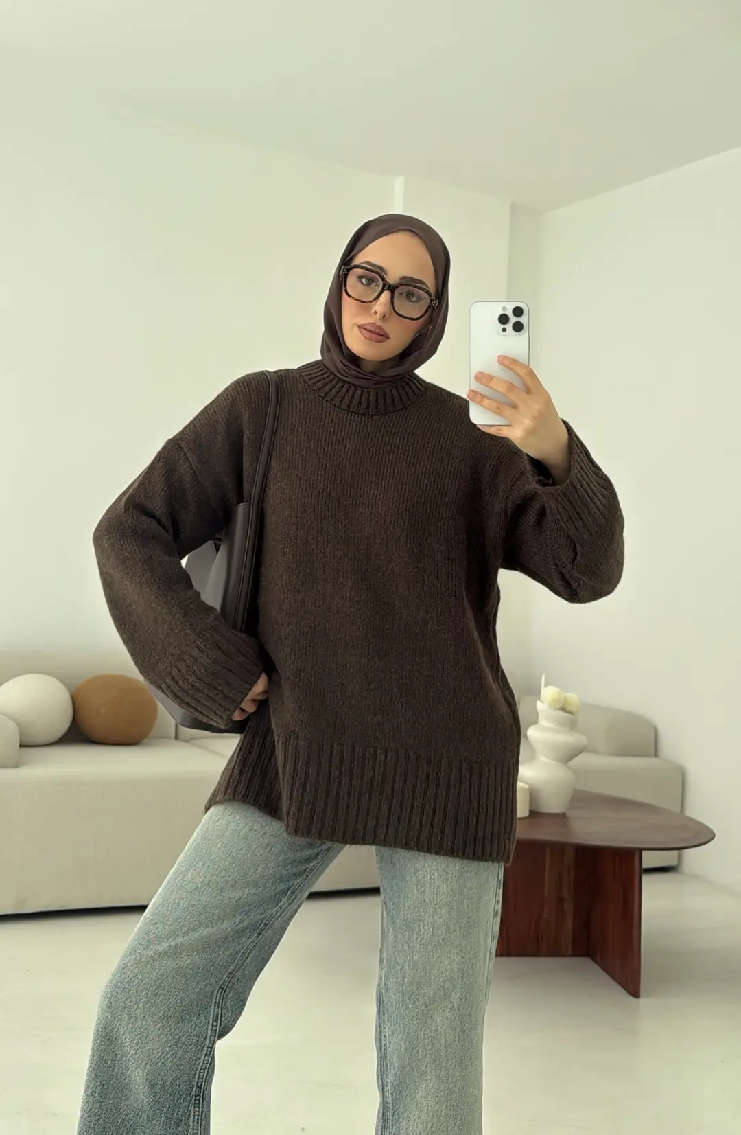 Oversize Soft Triko Kazak Kahve Melanj - Görsel 5