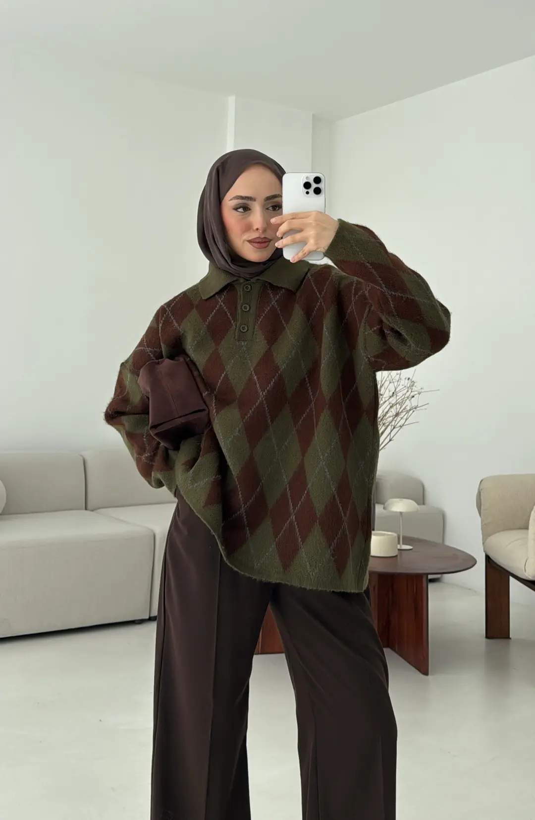 Premium Baklava Desenli Polo Yaka Kazak Haki - Görsel 8