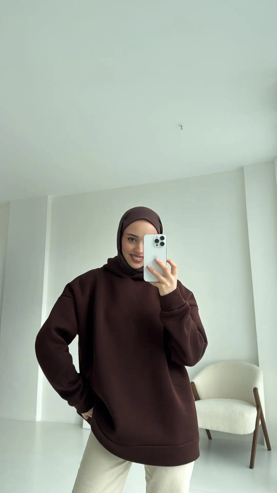 Şardonlu Oversize Kahve Sweatshirt - Görsel 5