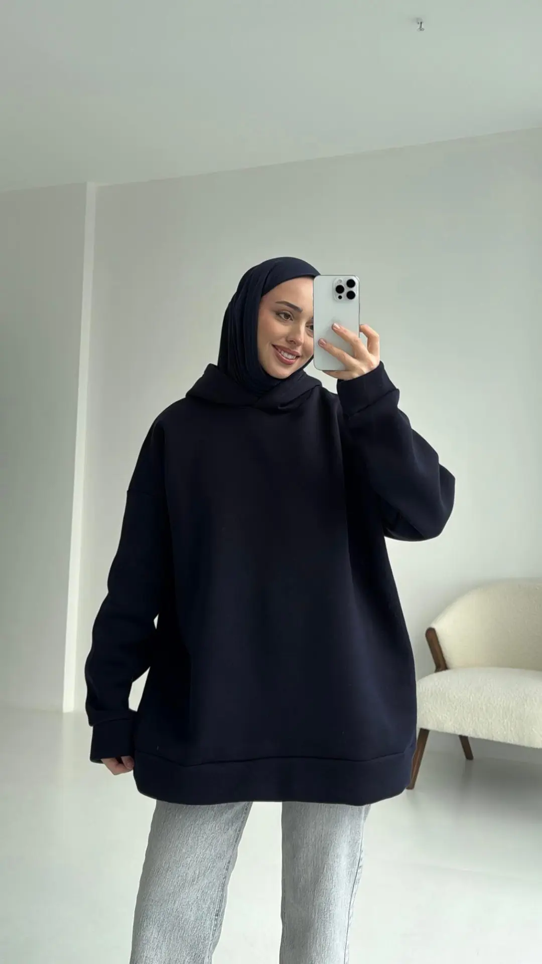 Şardonlu Oversize Lacivert Sweatshirt - Görsel 4