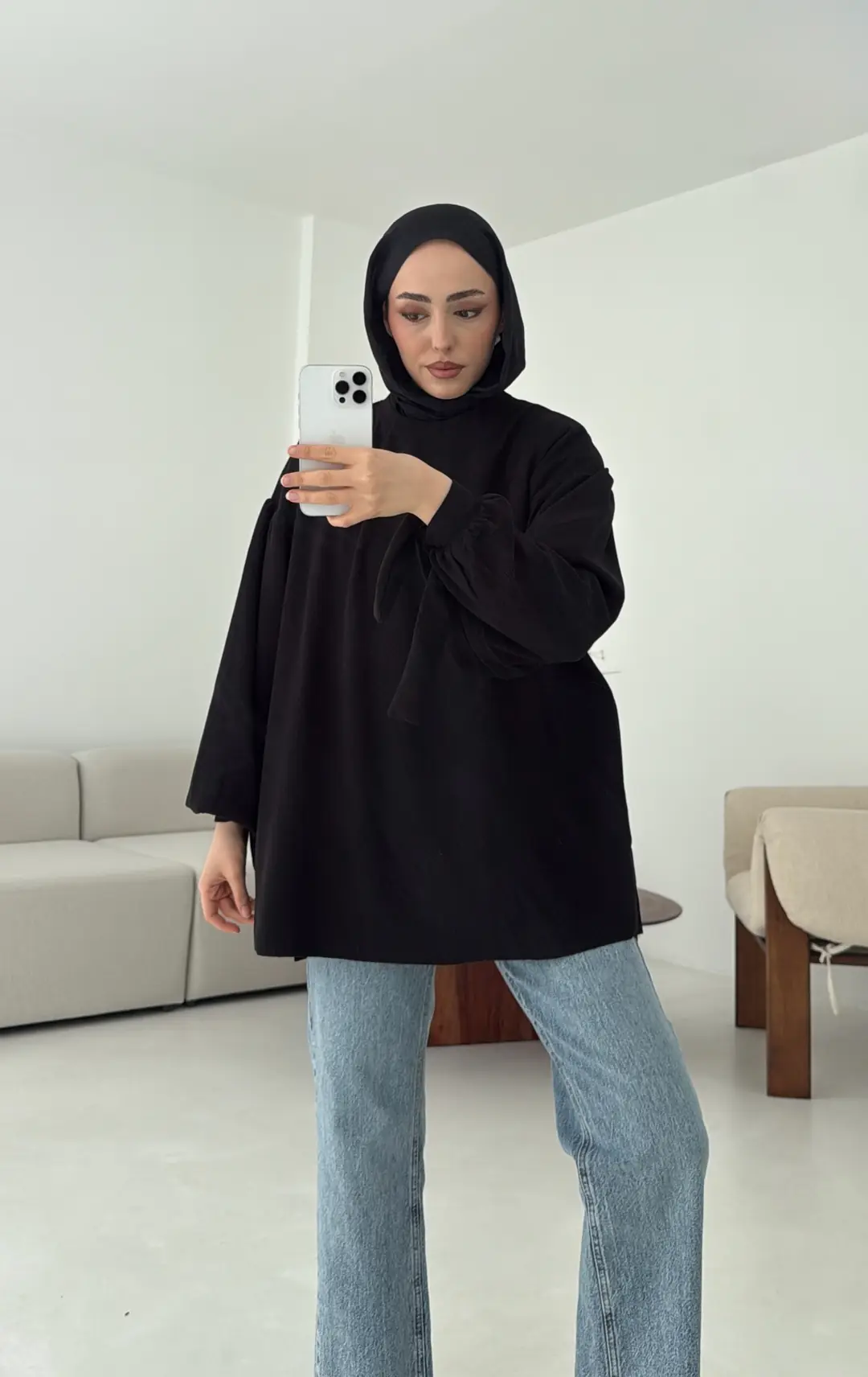 Selanik Balon Kol Bagcıklı Sweat Siyah - Görsel 3