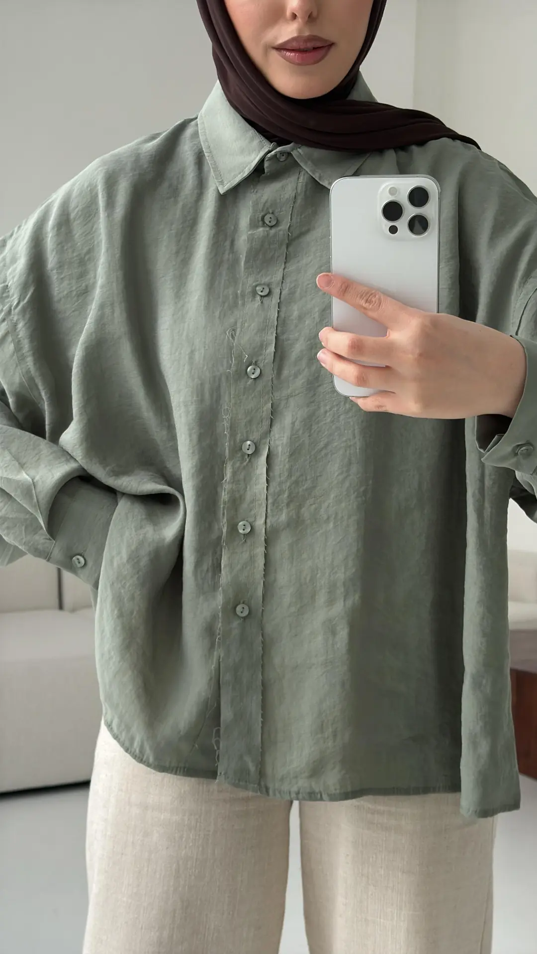 Tencel Pis Dikiş Oversize Çağla Yeşili Gömlek - Görsel 3