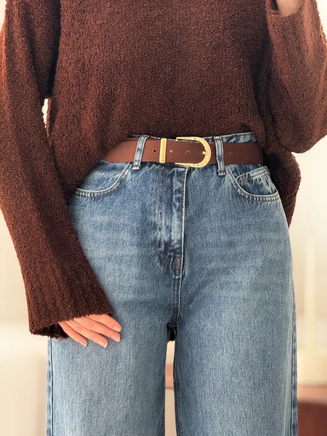 Wide Leg Kahve Kemerli Jean - Görsel 3