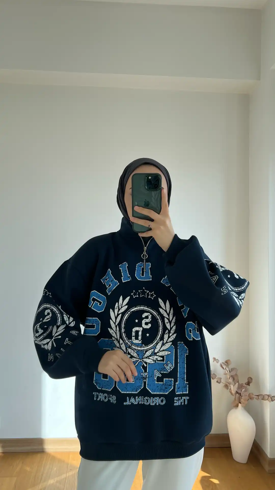 Yarım Zip Lacivert Oversize Şardonlu Sweatshirt - Görsel 3